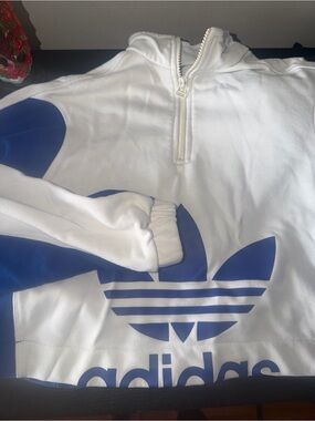 adidas White Hoodie with Blue Trefoil Print